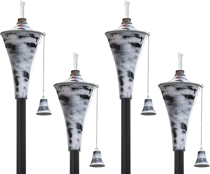 Set of 4, Oahu Premium Metal Outdoor Torches for Patio, Lawn and Garden - Tiki Style Metal Torch/w Snuffer, Fiberglass Wick & Large 16oz Oil Lamp - 53" Tall (Whitewash)