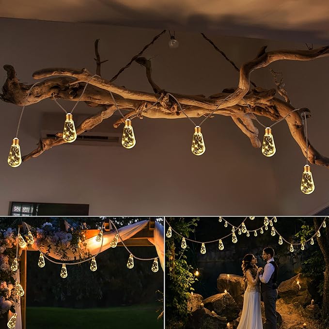 Solar Outdoor String Lights, 2 Pack 20Ft Vintage Rope Hemp Solar Patio Lights, Waterproof Warm White Solar Powered String Lights With 8 Modes 16 Shatterproof Bulbs for Fence Stairs Balcony Café Bistro