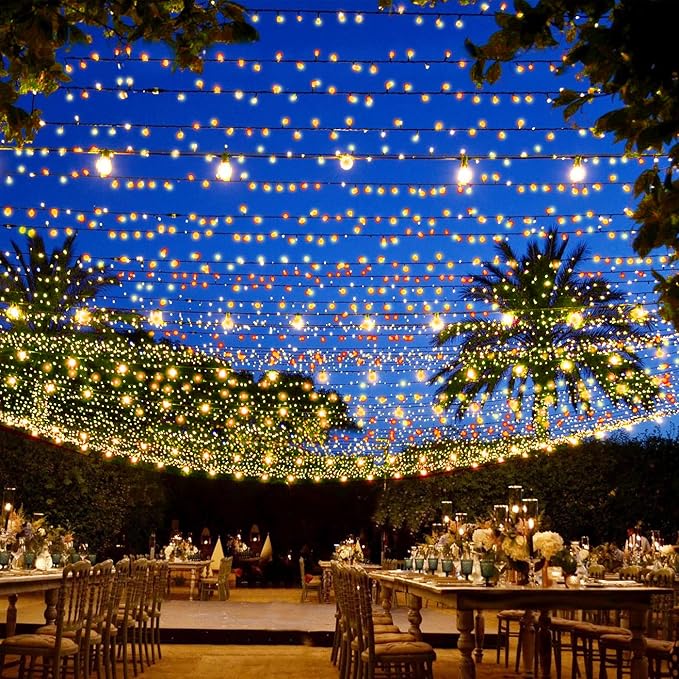 Outdoor String Lights, 300 LED 108Ft Christmas Light with Remote, 8 Lighting Modes, Powered Plug for Wedding Party Garden Tree Yard Indoor Decorations, Warm White