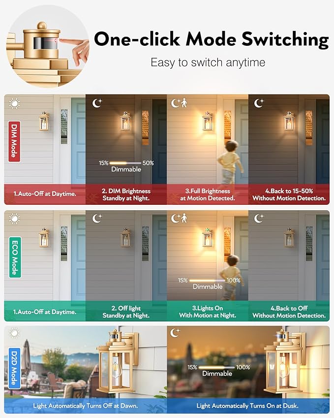 VIANIS Motion Sensor Exterior Lights for House, Dusk to Dawn Outdoor Light Fixture Lantern, Gold Waterproof Outdoor Motion Sensor Light for House, Doorway, Entryway, Garden, Hardwired, Non-Solar