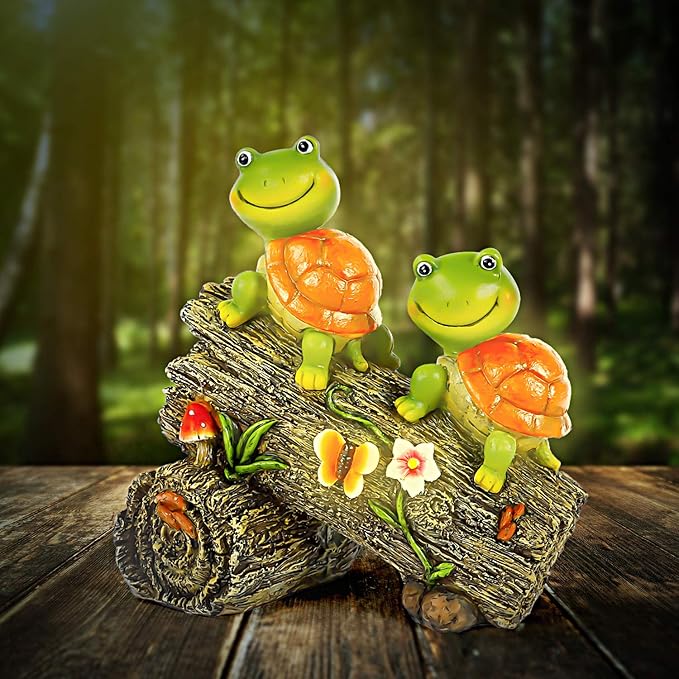 Garden Turtle Figurines Outdoor Decorations, Solar Powered Sweet Frog Face Turtles Resin Statue with 4 LED Lights, Garden Art Spring Fall Winter Christmas Decor for Patio Lawn Yard