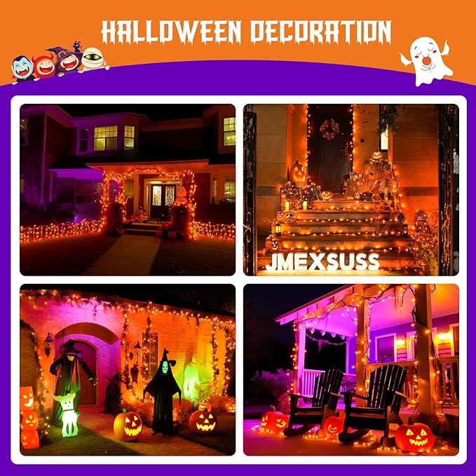 JMEXSUSS 2 Pack Orange Halloween Lights: 100 LED 33ft Solar Halloween Lights Outdoor Waterproof - 8 Modes Orange Lights for Halloween Outside Tree Gardens Party