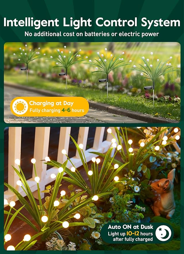 4 Pack 48 LED Solar Firefly Lights with Leaves, Solar Garden Lights Outdoor Decoration with 2 Lighting Modes, Waterproof Solar Outdoor Lights Decorative, Solar Lights for Outside Pathway, Warm White