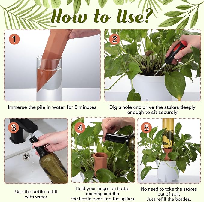 6 Sets Plant Watering Devices Include Terracotta Self Watering Spikes and 26 oz Plastic Bottles, Slow Release Vacation Insert Automatic Plant Waterer Device (Green and Terracotta)