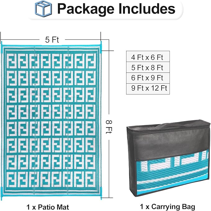 OutdoorLines Outdoor Plastic Area Rugs for Patio 5x8 ft - Reversible Outside Carpet, Stain & UV Resistant RV Mats, Straw Rug for Camping, Deck Garden, Porch and Balcony, Geometry Teal & Light Grey