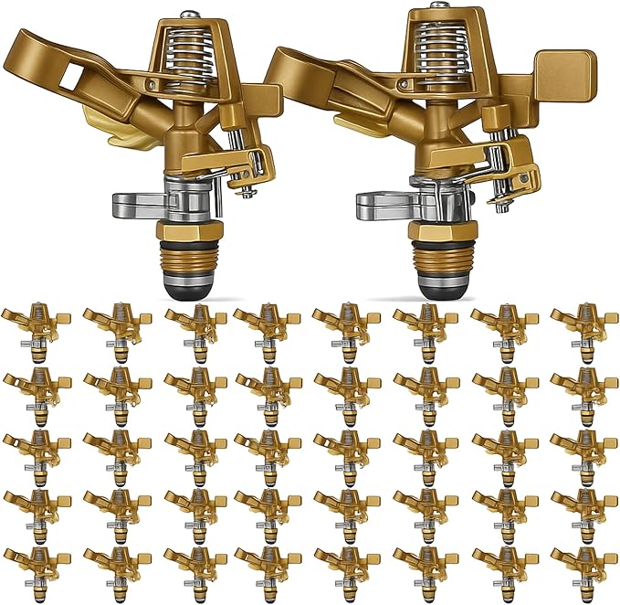 Ferraycle 40 Pieces 1/2 Inch Brass Impact Sprinkler Head with Nozzles Heavy Duty Adjustable 0-360 Degrees Impulse Sprinkler Head Lawn Watering for Yard Irrigation