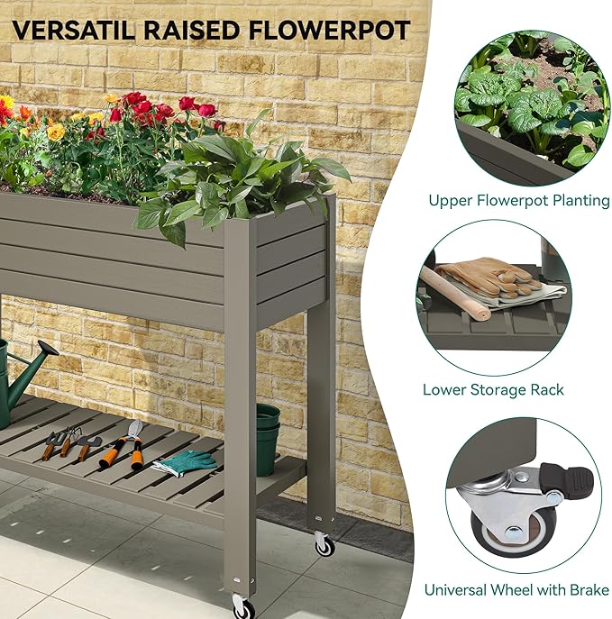 YITAHOME 3.6x1.5x2.8 FT Elevated Garden Bed Kit with Legs and Wheels, Outdoor Large Resin Planter Box Stand with Drain Plug and Storage Shelf for Plants Vegetables Fruits, Light Brown