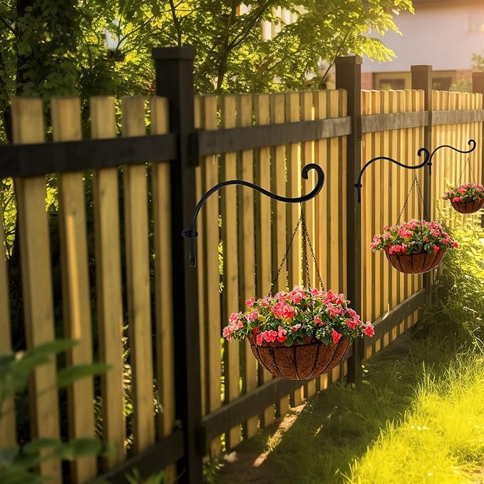 Hourleey 4 Pack Plant Hanger Outdoor, 12 Inch Heavy-Duty Hanging Plant Hook for Outside Basket, Black Metal Wall Mount Plant Bracket Hook for Flower Baskets Bird Feeder