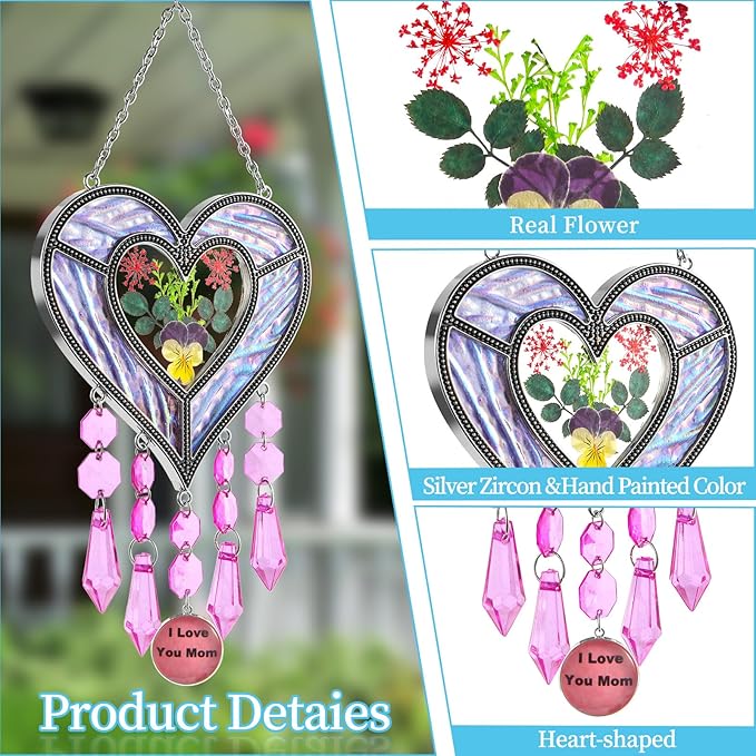 Gifts for Mom Suncatcher Heart Shaped I Love You Mom - Colored Glass Light Catcher Hanging Wind Chime Decorations Window Gifts Mother's Day Valentine's Day Birthday Christmas (Purple)
