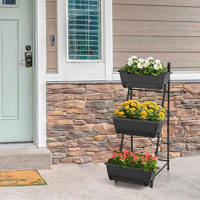 Vertical Garden Planter 3 Tier Raised Garden Bed Freestanding Elevated Raised Planter Boxes Outdoor Herb Planter Stand with Removable Tray on Patio Balcony Porch Grey