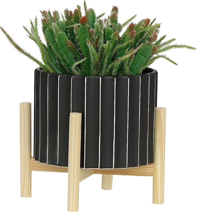 Sagebrook Home 8" Ceramic Planter - Black Planter Elevated on Wooden Stand with Fluted Design - for Indoor or Outdoor Plants, Great Gift Idea for Plant Lovers