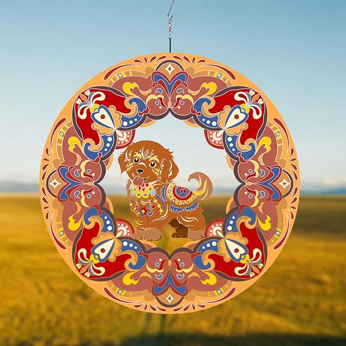 Dog Wind Spinner Colorful 12 inch 3D Stainless Steel Laser Cut Metal Double Sided Printing-Hanging Indoor/Outdoor Decorations Yard Gardening Decor,Metal Kinetic Art Ornament Gifts