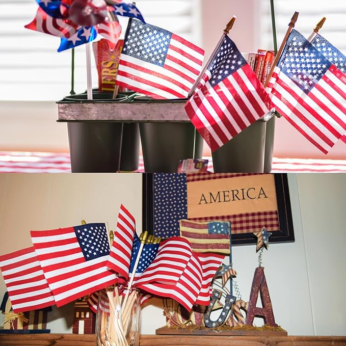 150pcs Small American Flags on Stick, Handheld 8 x 5.5 Inchs Mini American Flags with Kid-Safe Golden Spear Top, US Flags for 4th of July Decorations Outdoor, Independence Day Decorations