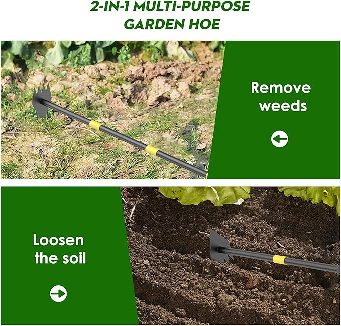 Dual Headed Hoe Garden Tool, Hoe Cultivator Gardening Tool, 17-59" Adjustable Long Handle Heavy Duty Scuffle Hoe with Rake Tiller Cultivator for Weeding, Digging, Loosening Soil, Sowing