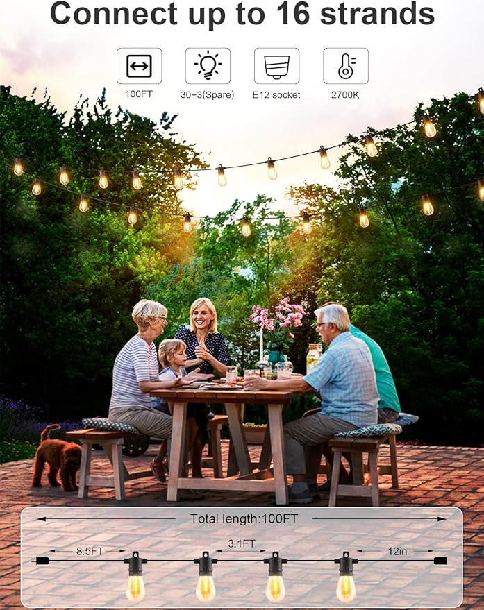 Svater Outdoor String Lights 100 FT, Patio Light for Outside with Shatterproof Bulbs, Waterproof LED Hanging Lights for Cafe Backyard Bistro Party, Warm White