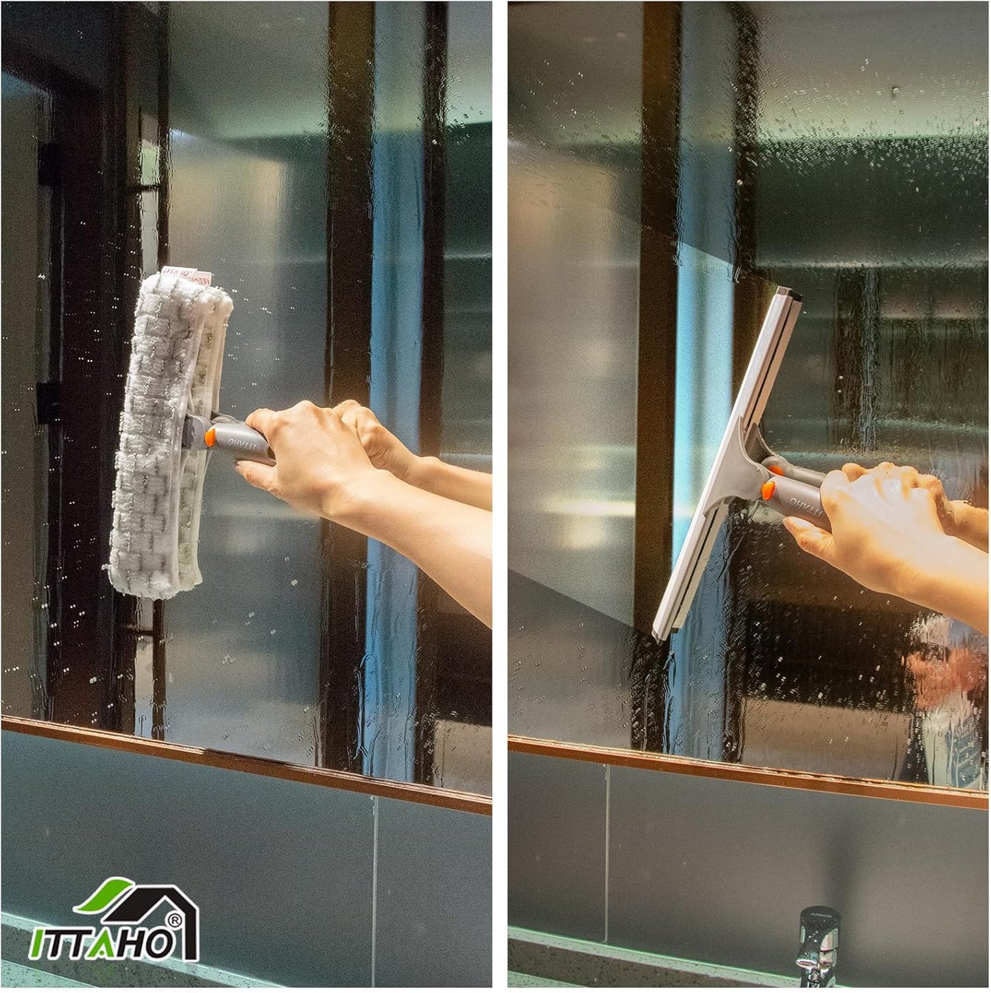 ITTAHO Squeegee for Window Cleaning,12" Squeegee and 11" Microfiber Scrubber Combi with Stainless Steel Pole,Extendable Window Cleaner for Car,Sliding Door,Shower Glass Door-Swivel Style-2 Pads