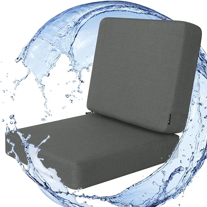 Favoyard Outdoor Deep Seat Cushion Set, 24 x 24 Inch Rainproof & 3-Year Fade Resistant Patio Furniture Cushions, Removable Seat Bottom & Back Cushion covers with Ties for Chair, Sofa, Couch, Dark Grey