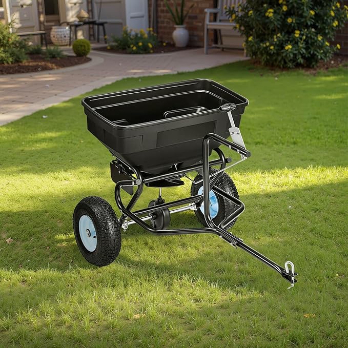 VEVOR Tow Behind Broadcast Spreader, 130LBS Capacity, Tow-Behind Lawn Spreader with 13 in Tires, 30 Adjustable Setting & 9.8 ft Spreading Width, Lawn Spreaders for Seed, Fertilizer, Salt, Ice Melt