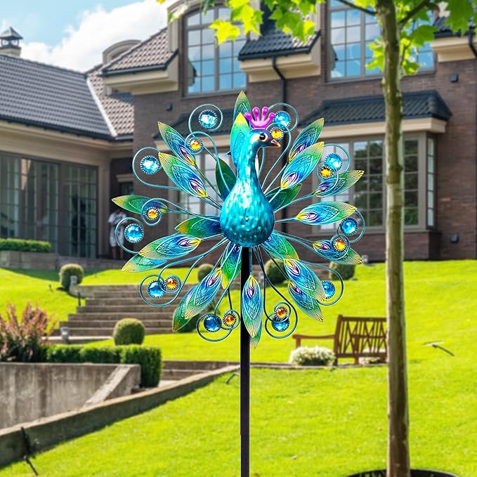 Outdoor Wind Spinner 58" Metal Peacock Wind Spinner Double Peacock Wind Sculpture for Garden Yard Patio Decoration