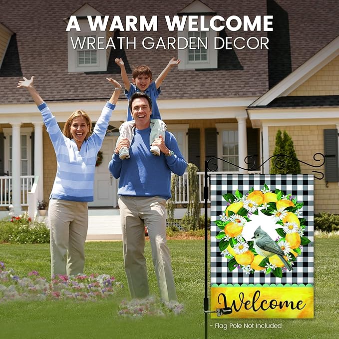 Welcome Garden Flag - 12.5 x 18 Inch Double-Sided Spring Garden Flag - Printed Wreath in Plaid Background Seasonal Outdoor Banner for House Front Yard, Porch, Patio - Suits Standard Poles