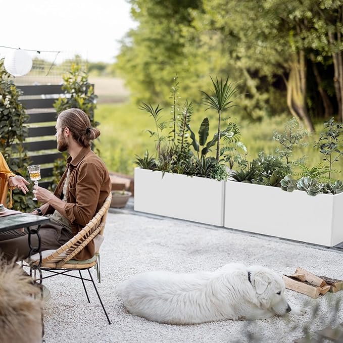 Outdoor Metal Planter Box - Heavy-Duty Rectangular Trough, All-Weather Rust-Resistant Design with 6 Drainage Holes | Large 36x15x15 Inch for Patio, Porch & Garden, White