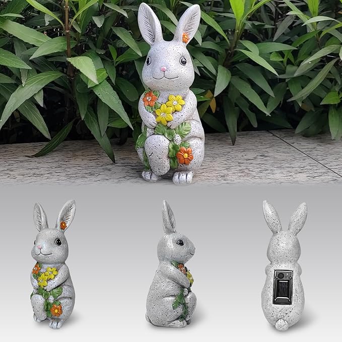 Solar Easter Rabbit Statue - Rock-Like Design with Flower Lamp Beads Woman Gifts Resin Easter Bunny Sculpture for Indoor and Outdoor Statue Decor, Garden Decoration
