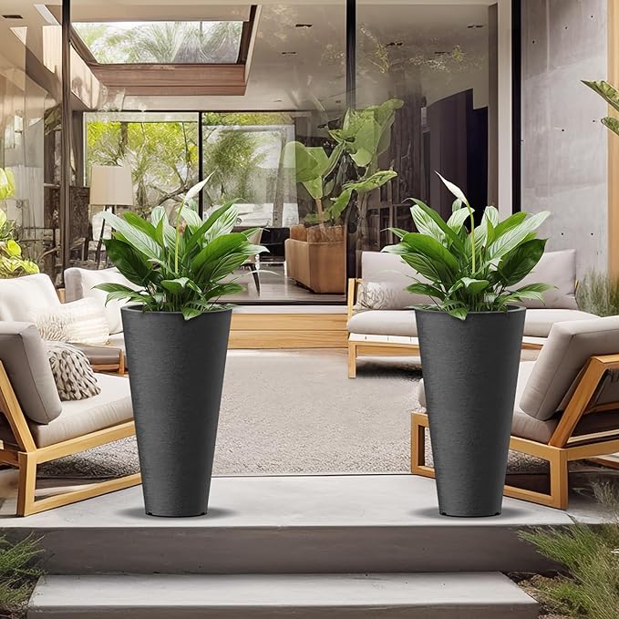 Kante Tall Round Planter Set of 2, 29" H Large Decorative Planter Pots for Outdoor Indoor Garden Patio Front Porch (Black)