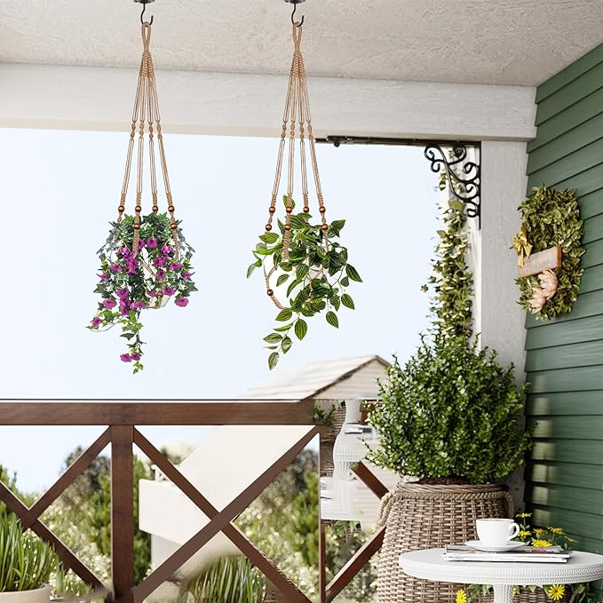 Jute Macrame Plant Hanger Indoor Set of 2 Hanging Planter Basket Flower Pot Holder with Decorative Wood Beads & No Tassels for Indoor Outdoor Boho Home Decor, 35 Inch Brown (Pots Not Included)