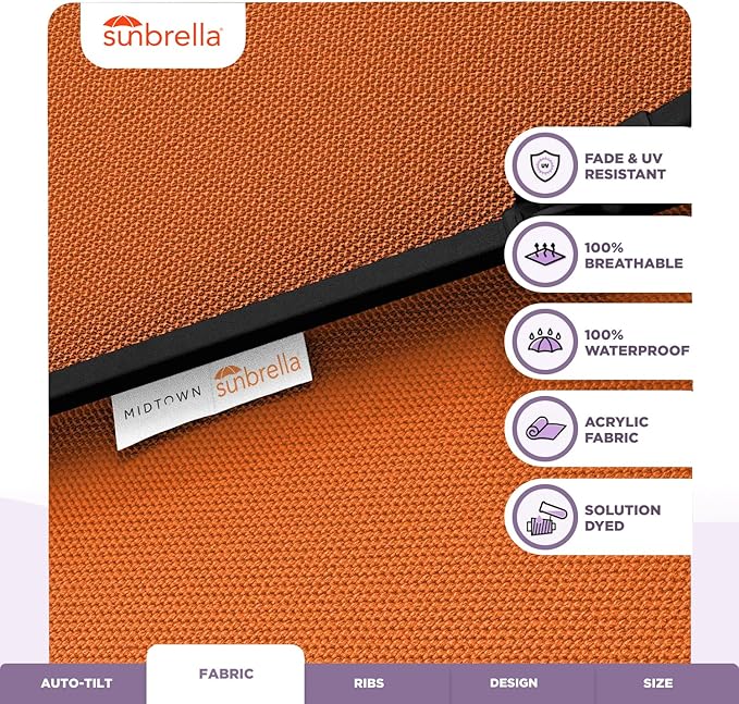 Midtown Umbrellas Sunbrella Umbrella 9 Feet Outdoor Umbrella With Canvas Tuscan Acrylic Fabric - Auto-Tilt Aluminum Frame Patio Umbrella For Backyard, Deck, Garden, Pool - Black Pole