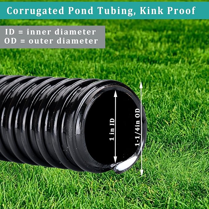 Pond Hose ID 1” × 25ft Black Corrugated Flexible Reinforced PVC Hose Vinyl Tubing for Pond Pump Fountain Garden Waterfall, Non-toxic & Kinkproof, with 2 clamps