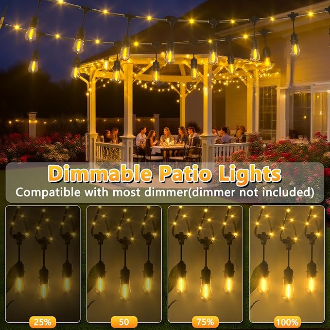 Outdoor String Fairy Lights, 24ft Dimmable Patio Lights with 12+1 S14 Retro Edison Bulbs & 72 Fairy Rope, IP65 Waterproof, LED Outside Hanging Light for Backyard Gazebo Bistro, 10 Strands Connectable