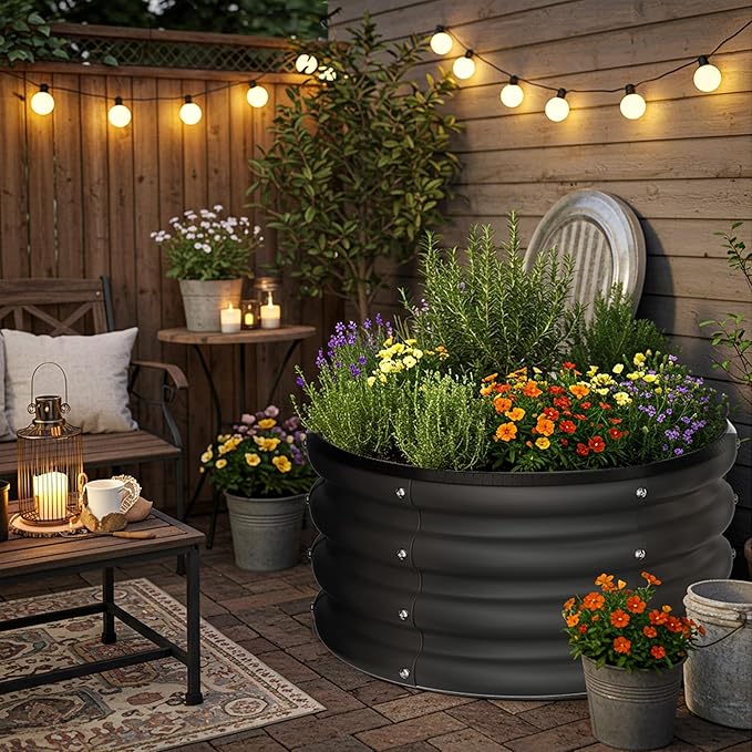 ZXZYHFTY Round Galvanized Raised Garden Bed kit,Black Outdoor Garden Raised Planter Box, Round Large Metal Raised Garden Beds for Vegetable 2 * 2 * 1ft 3 Pcs