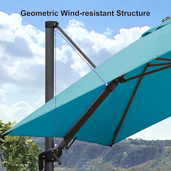 PURPLE LEAF 9' X 12' Right-left Tilt Patio Umbrella with Base Outdoor Cantilever Swivel Rectangle Umbrella Aluminum Offset Umbrella with 360-degree Rotation for Garden Deck Pool Patio Turquoise Blue