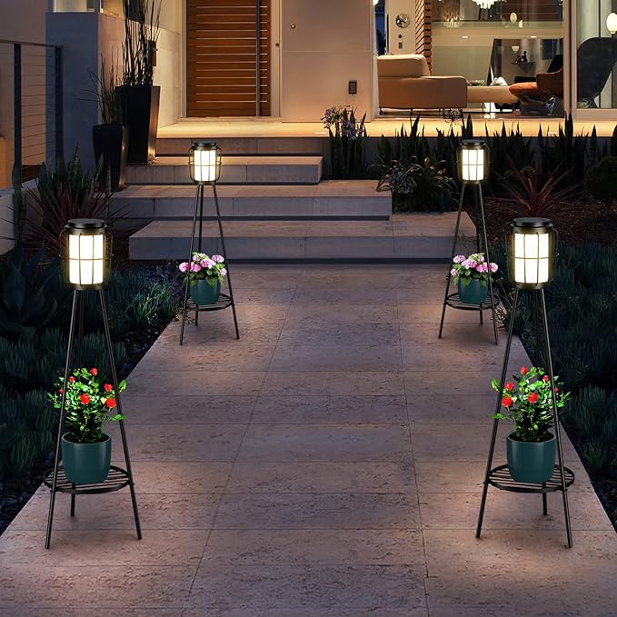 2 Pack Solar Lights Outdoor with Plant Stands - Solar Floor Lamp & Street Lights with Metal Tripod - Patio Decor for Garden, Yard, Pathway, Driveway, Porch