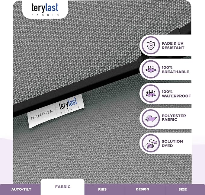 Midtown Umbrellas 10-Year-No-Fade - 8 Ft - UV Proof Matter (Grey) Polyester Fabric - Umbrella Outdoor Patio, Auto-Tilt Aluminum Frame Patio Umbrella for Garden, Pool & Deck - Black Pole