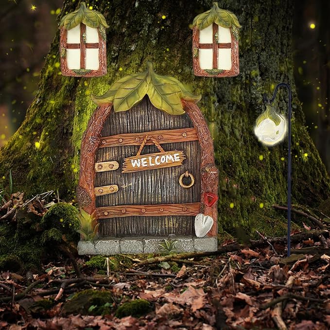 Miniature Fairy Garden Accessories Fairy Door and Windows for Trees, Glow in The Dark Yard Garden Sculpture Lawn Ornament Mini Garden Art Outdoor Decor Accessories with Lantern
