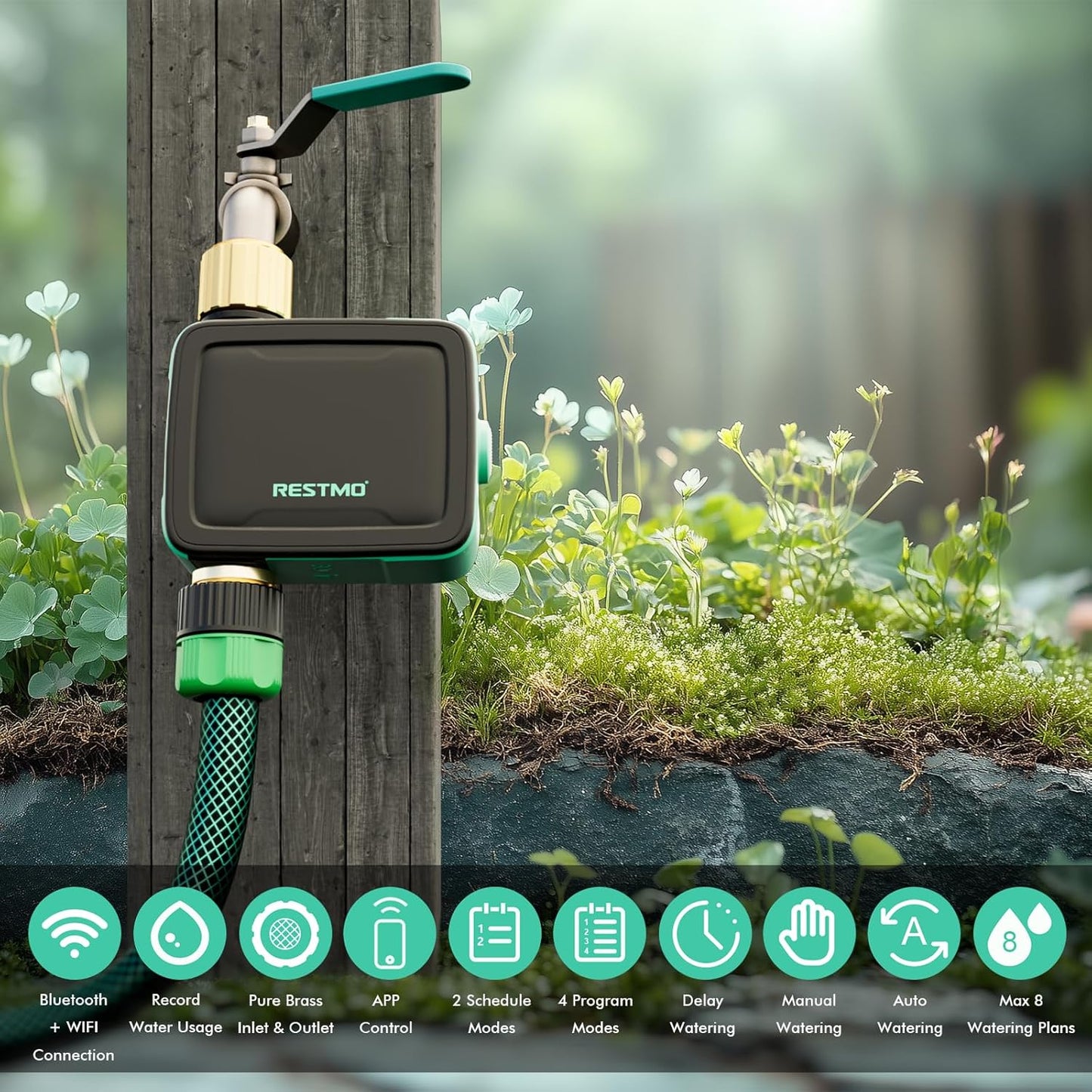 RESTMO Smart Sprinkler Timer with Flow Meter, Water Timer for Garden Hose, Brass Inlet & Outlet, Automatic Lawn & Yard Irrigation Watering System, APP Remote Control (2.4Ghz WiFi Connection)