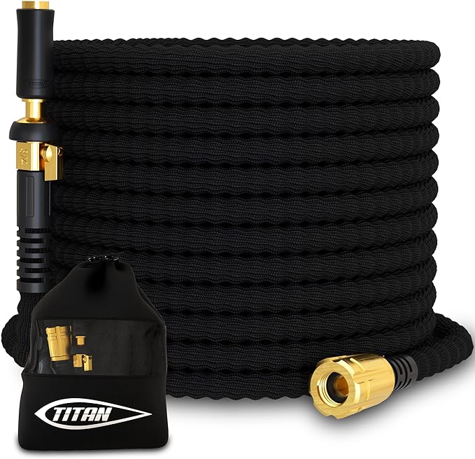 TITAN Flexible Garden Hose 100FT – Ultra Lightweight, Heavy Duty Water Hose with Brass Fittings & Jet Nozzle – Kink-Free, Non-Expanding, Durable Fabric Hose for Yard, Lawn, Car Wash, Outdoor Use