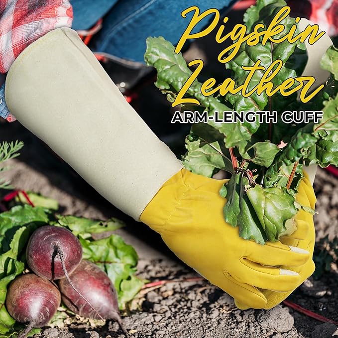 HANDLANDY Rose Pruning Gardening Gloves for Men Women, Thorn Proof Forearm Protection Leather Garden Gloves, Gardening Gifts for Gardeners (Yellow- goatskin, Small (Pack of 1))