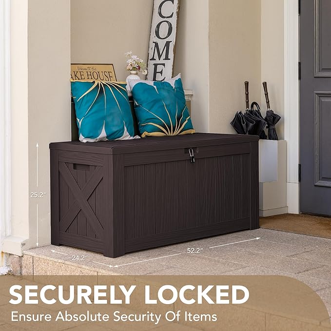 Devoko 120 Gallon Deck Box Resin Outdoor Storage Box Waterproof for Patio, Large Outdoor Storage Bench Lockable for Outside (Deep Brown)