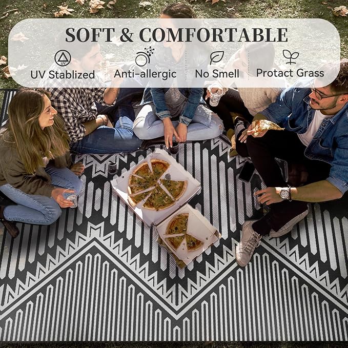 MontVoo Outdoor Rug-Waterproof Patio Rug Mat 5x8 Outdoor Carpet Mat Reversible Plastic Straw Outside Outdoor Rug for RV Camping Picnic Beach Balcony Backyard Pool Deck Porch Modern Boho Grey