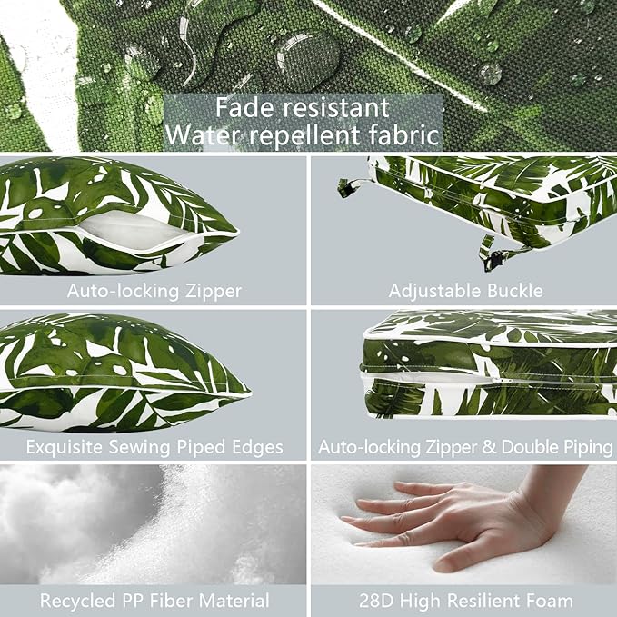 LVTXIII Outdoor Deep Seat Cushion Patio Seat and Back Cushion Set Seasonal Chair Cushion for Dining Arm Chairs, Wicker Chairs and Garden Furniture Decoration, 22"x22"x4", Palms Green