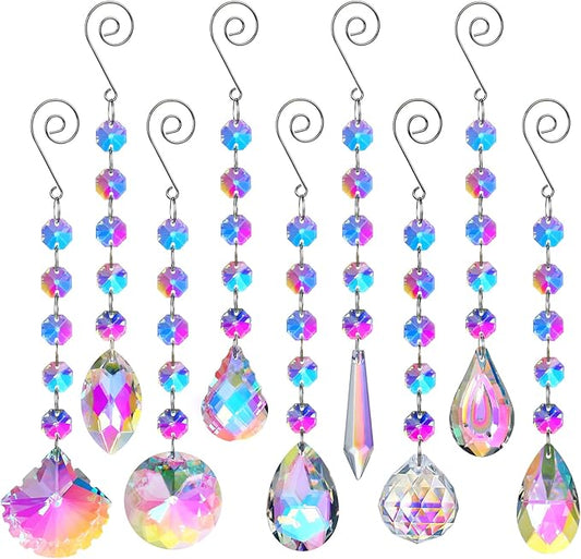 HDCRYSTALGIFTS 9 Pack Iridescent Sun Catchers with Crystals,Rainbow Maker Crystal Suncatchers for Window Hanging Colored Glass Wind Chimes Prism Pendant Suncatcher Beads for Decoration