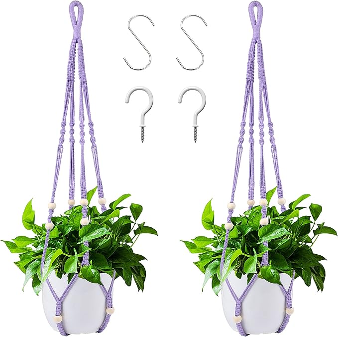 Augshy Macrame Hanging Planter, Hanging Planters for Indoor Outdoor Home Decor, Hanging Plant Holder No Tassels Set of 2 with 4 Hooks