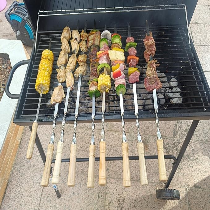 23.6" Large Size Kabob Skewers Flat Metal BBQ Barbecue Skewer Wooden Handle Stainless Steel Shish Kabob Stick Wide Reusable Grilling Set Meat Shrimp Chicken Vegetable Kebab Fork Sausage-12PCS