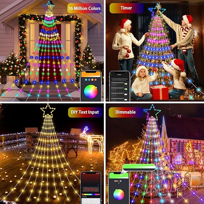 Outdoor Christmas Decorations Lights, 344 LEDs Color Changing Smart Waterfall Christmas Tree Lights with Remote & Sync Music, LED String Lights Outdoor Waterproof for Party Wedding Xmas Decor (12FT)