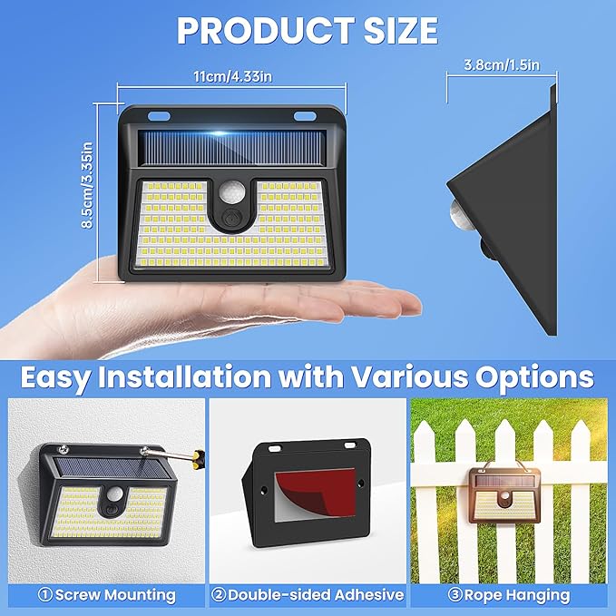 Solar Lights Outdoor Motion Sensor, 2 Pack 149 LED Waterproof Solar Powered Fence Lights, 3 Lighting Modes Security Wall Light for Outside Backyard Deck Garden Door Step Walking Dog, Cold Light 6500K