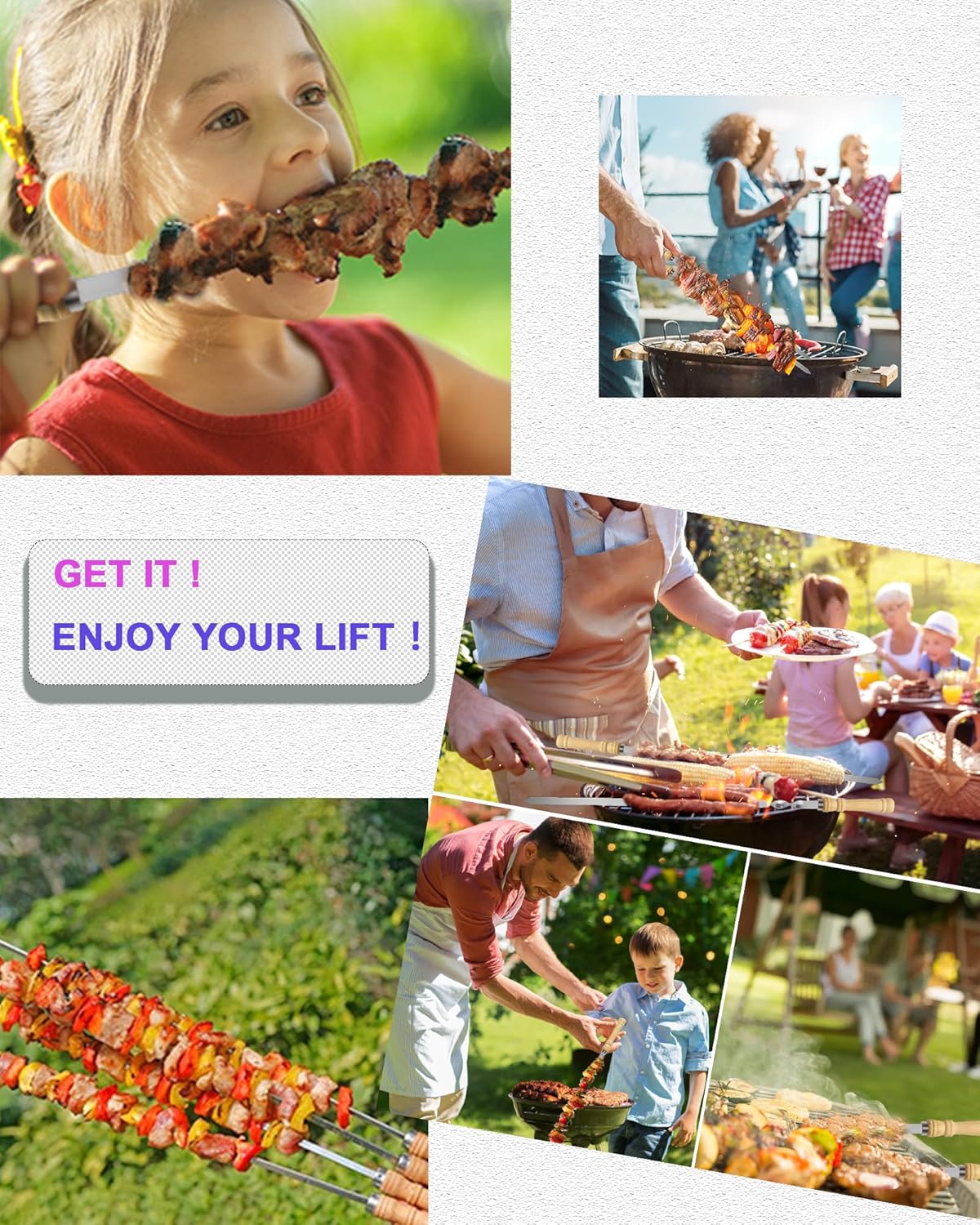 21.5" Long 304 Stainless Steel Skewers for Grilling with Wood Handle,Wide Flat Metal Skewers for Kabobs,Kabob Skewer,BBQ Barbecue Skewer Reusable for Outdoor Grill（6 PCS）