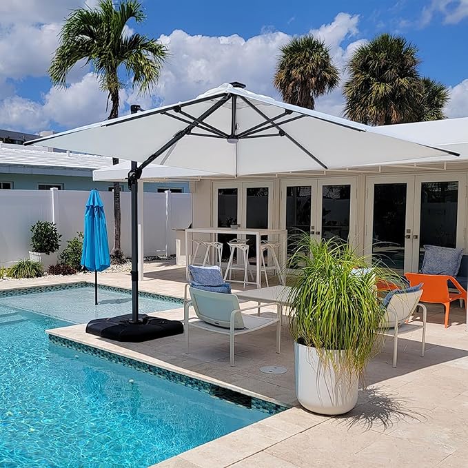 PURPLE LEAF 10 Feet Patio Umbrella with Base Outdoor Cantilever Solar Powered LED Square Umbrella Aluminum Offset Umbrella with 360-degree Rotation for Garden Deck Pool Patio White