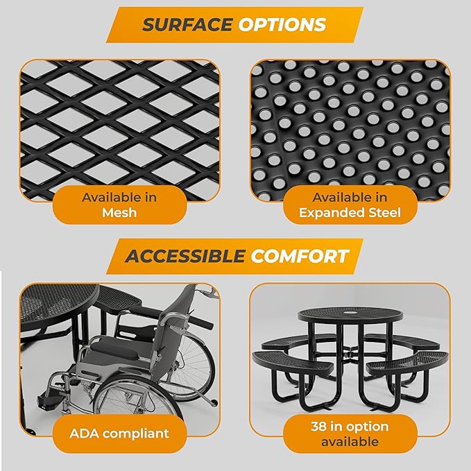 Metal Picnic Tables for Kids for Outdoors with Umbrella Hole - Coated Steel Heavy Duty Commercial Grade Table with Adjustable Seats (Red, 38 in, Kids, Expanded Steel)